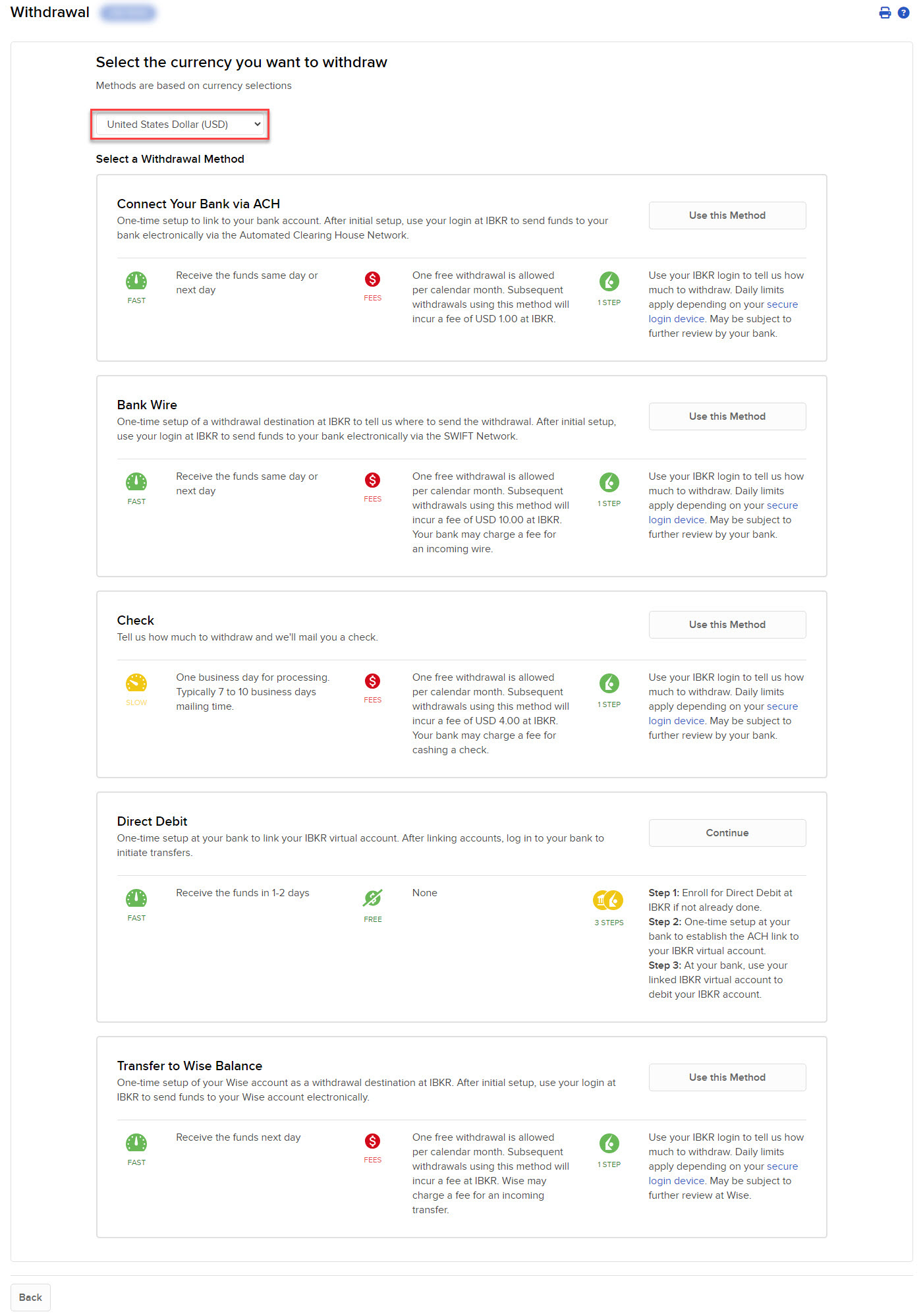 Screen listing available withdrawal methods including ACH, Bank Wire, Check, Direct Debit, and Transfer to Wise Balance