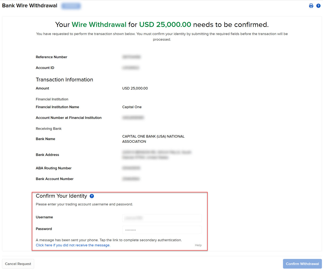 Bank Wire Withdrawal confirmation screen showing transaction details and a 'Confirm Your Identity' section with username and password fields