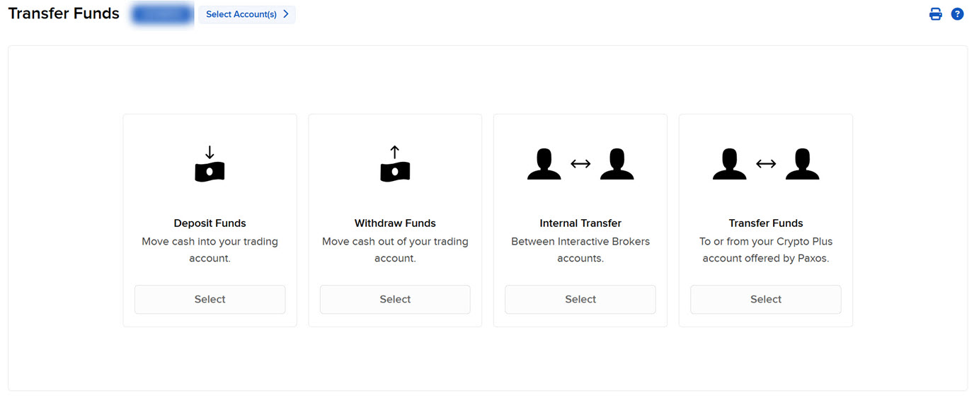 Transfer Funds screen showing four options: Deposit Funds, Withdraw Funds, Internal Transfer, and Transfer Funds